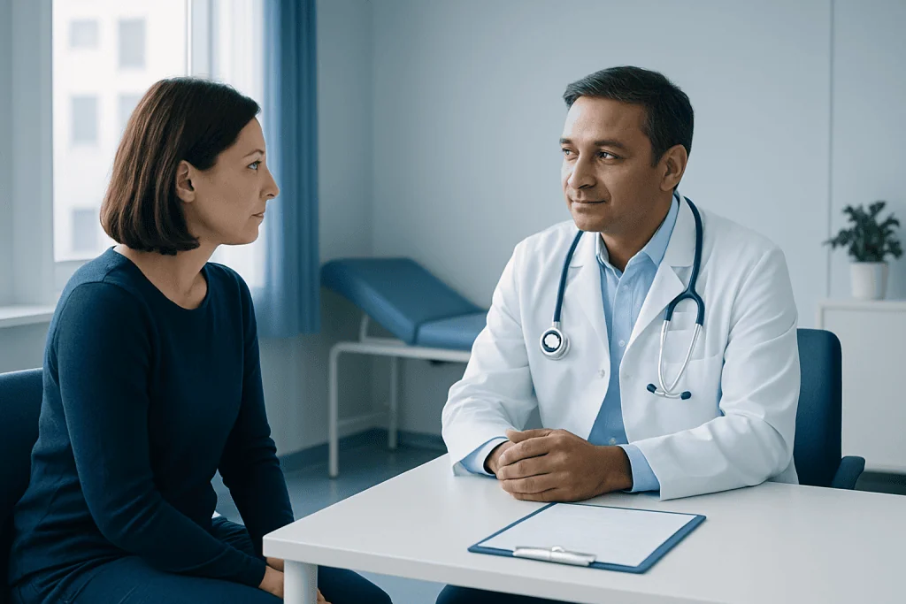 Doctor consulting with a female patient in a medical office.