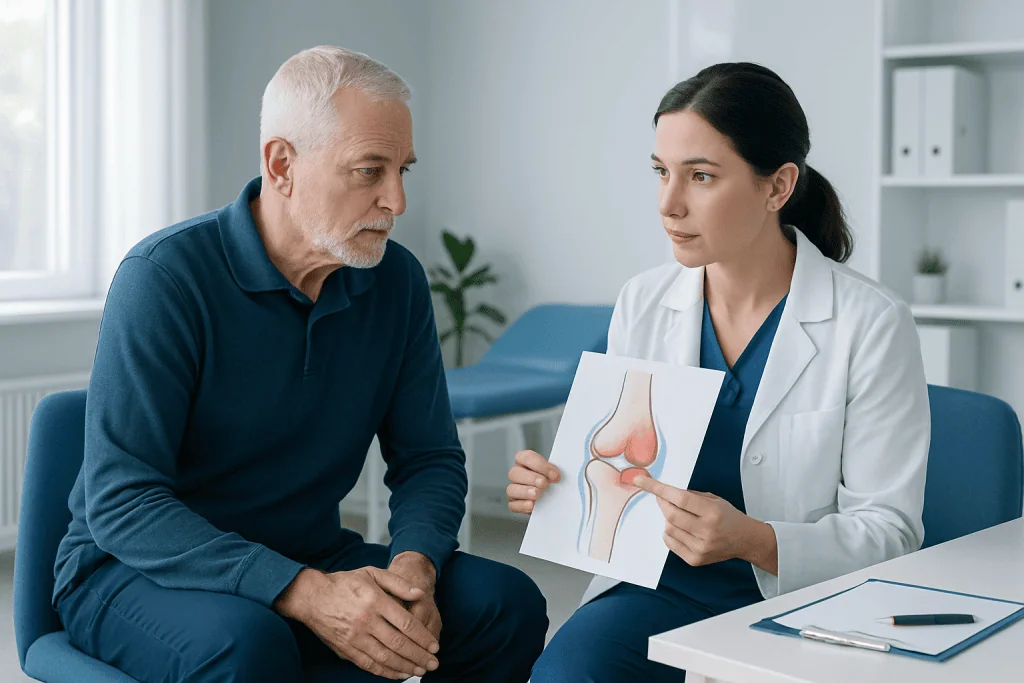 Doctor explaining joint health to an elderly patient with knee illustration.