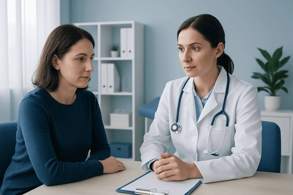 Doctor consulting with a patient about lower lip twitching symptoms.