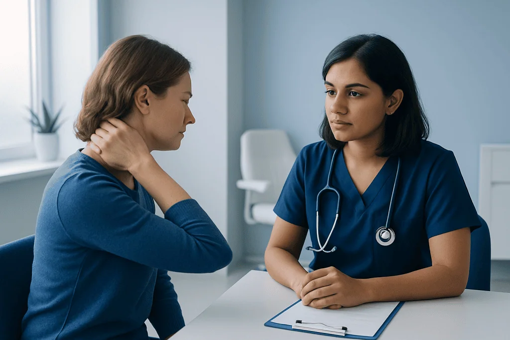 Doctor consulting a patient with neck pain in a medical office.