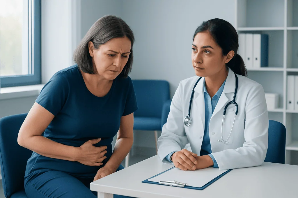 Doctor consulting a woman with stomach pain in a medical office.
