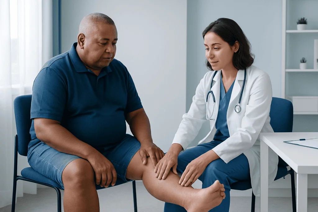 Doctor examining patient's swollen leg in a medical consultation.