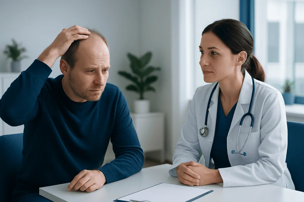 Doctor consulting with a male patient about hair thinning issues.