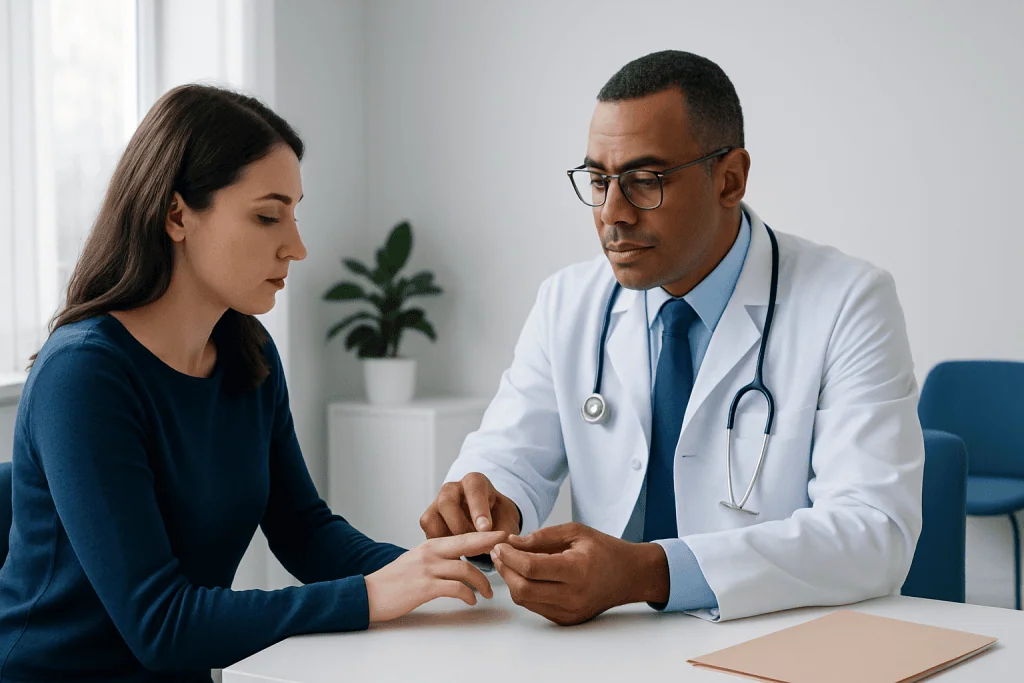 Doctor examining patient's fingernail in a clinical setting.
