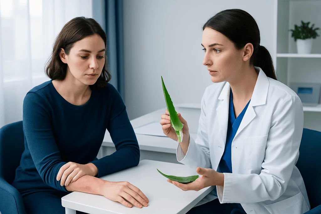 Doctor explaining aloe vera gel to patient in consultation room.