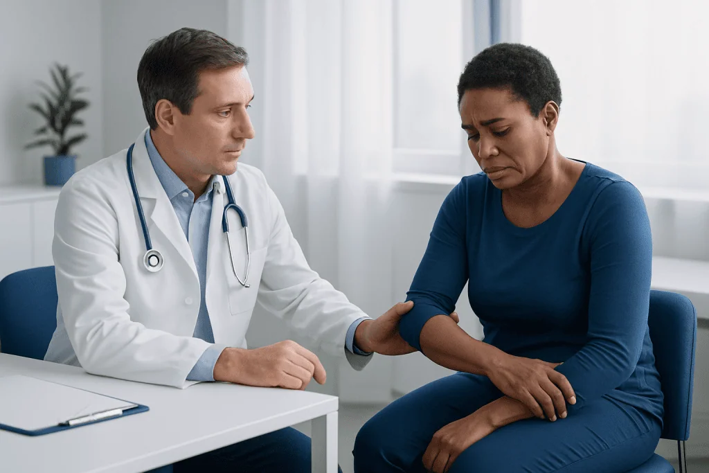 Doctor examining a woman with joint pain in a clinical setting.