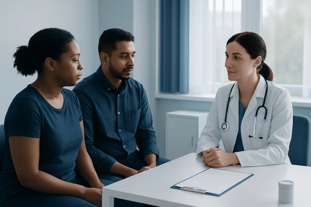 Doctor consulting with diverse patients in a medical office setting.