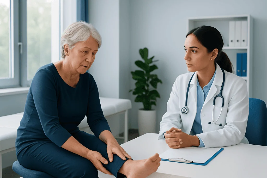 Doctor examining elderly woman's foot in a medical consultation room.