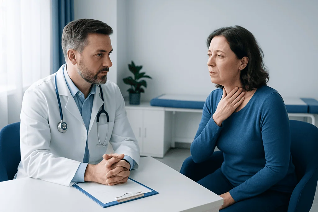 Doctor consulting a woman about throat health in a clinical setting.