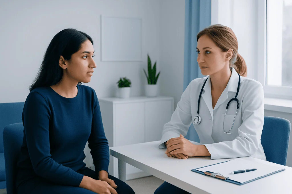 Doctor consulting with patient in a medical office setting.