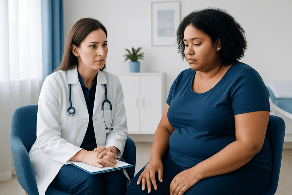 Doctor consulting with a patient about water weight and health.