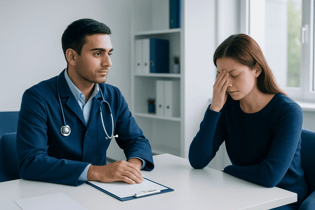 Doctor consulting with a patient experiencing eye discomfort in a clinical setting.