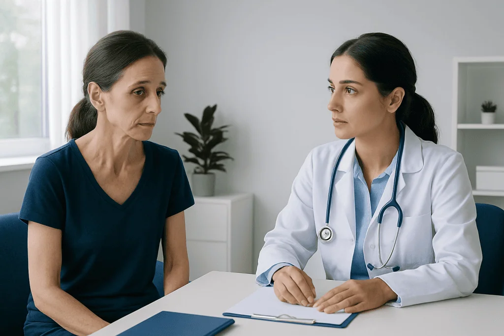 Doctor consulting with middle-aged woman about health concerns at clinic.
