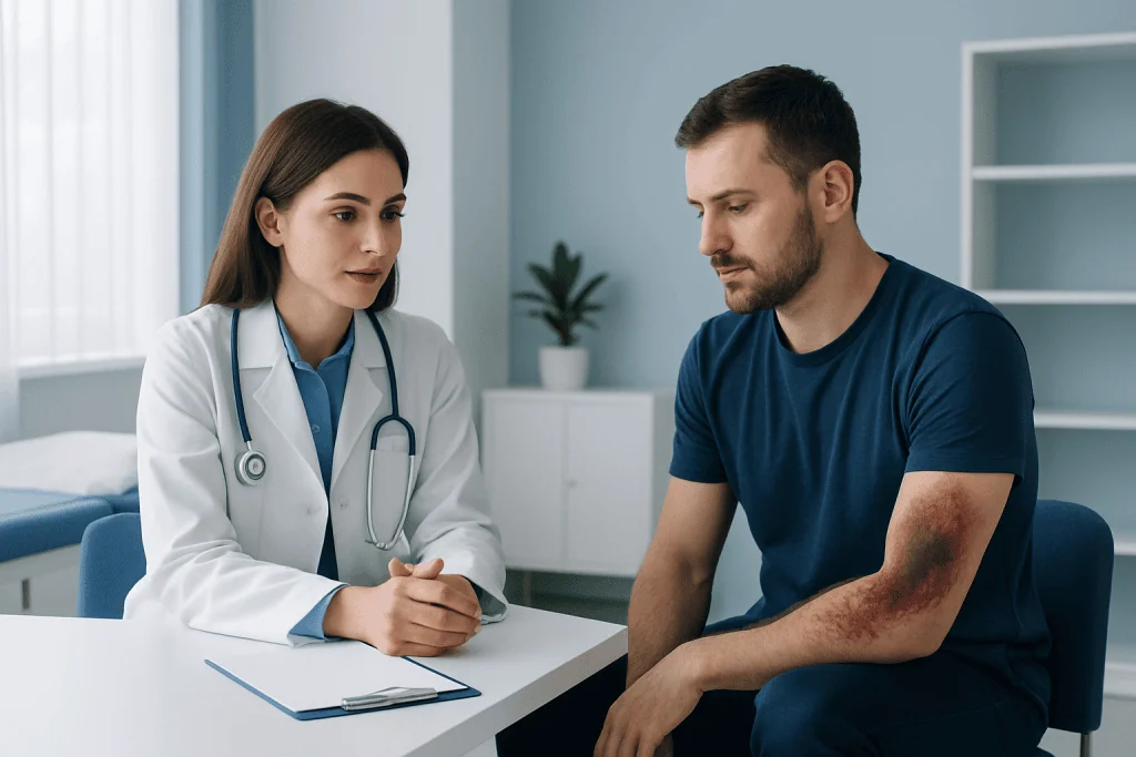 Doctor consulting with patient with burn injury on arm at hospital.
