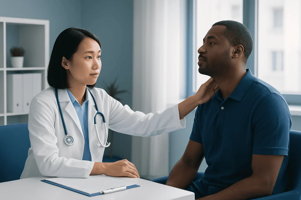 Doctor examining a patient's neck for lymphadenopathy in a clinical setting.