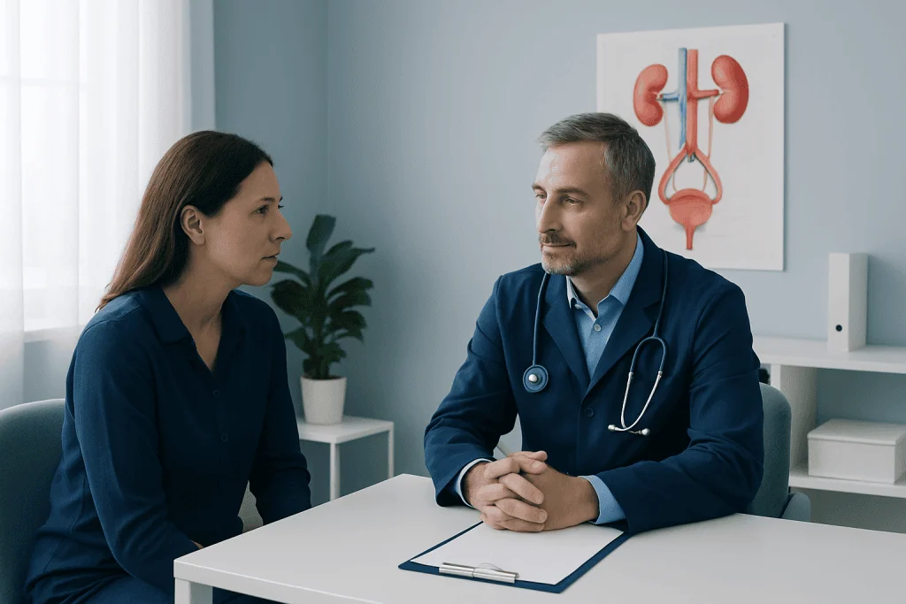 Doctor consulting with a female patient in a medical office.