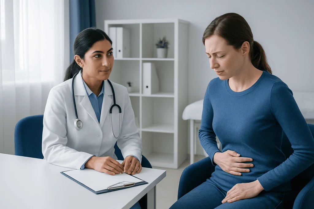 Doctor consulting with a patient about digestive health issues.