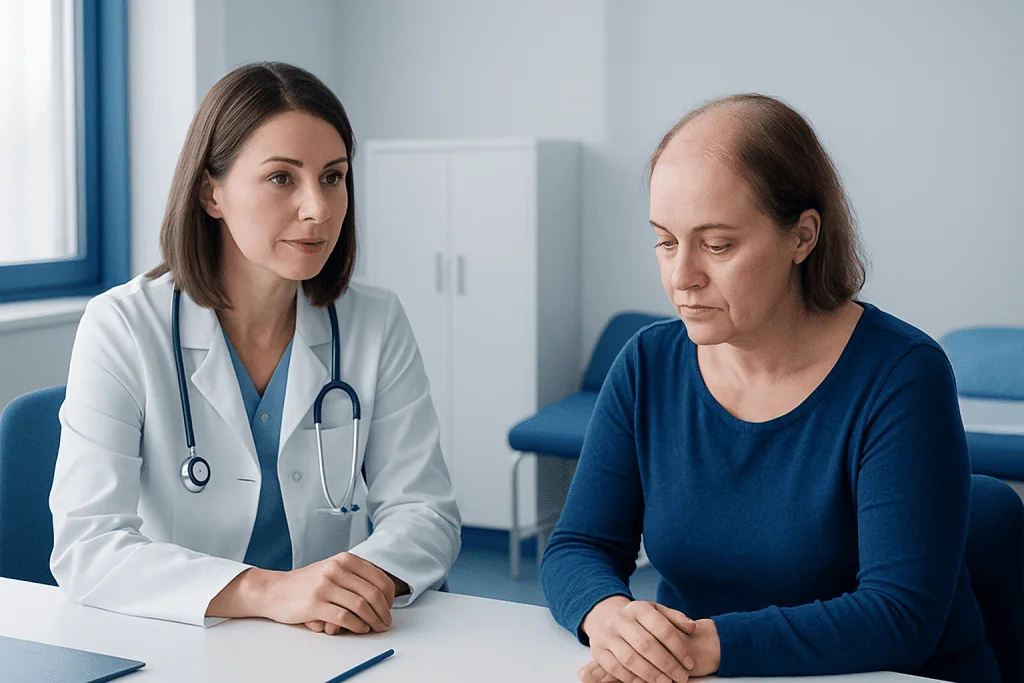 Doctor consulting female patient about hair loss treatment options.