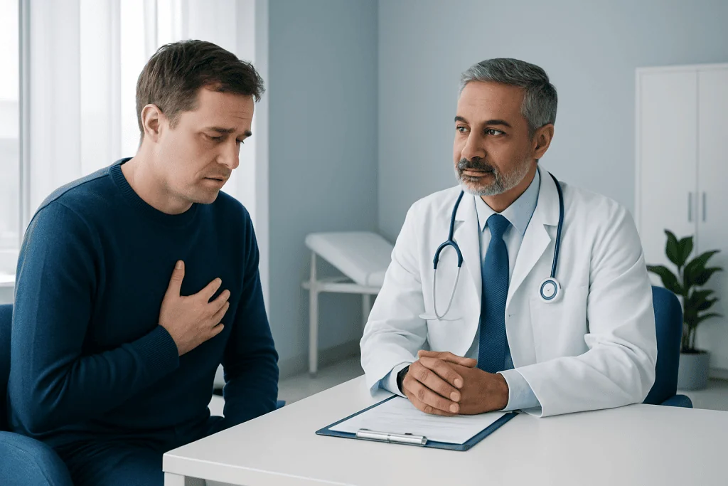 Doctor consulting with a patient about heart health and symptoms.