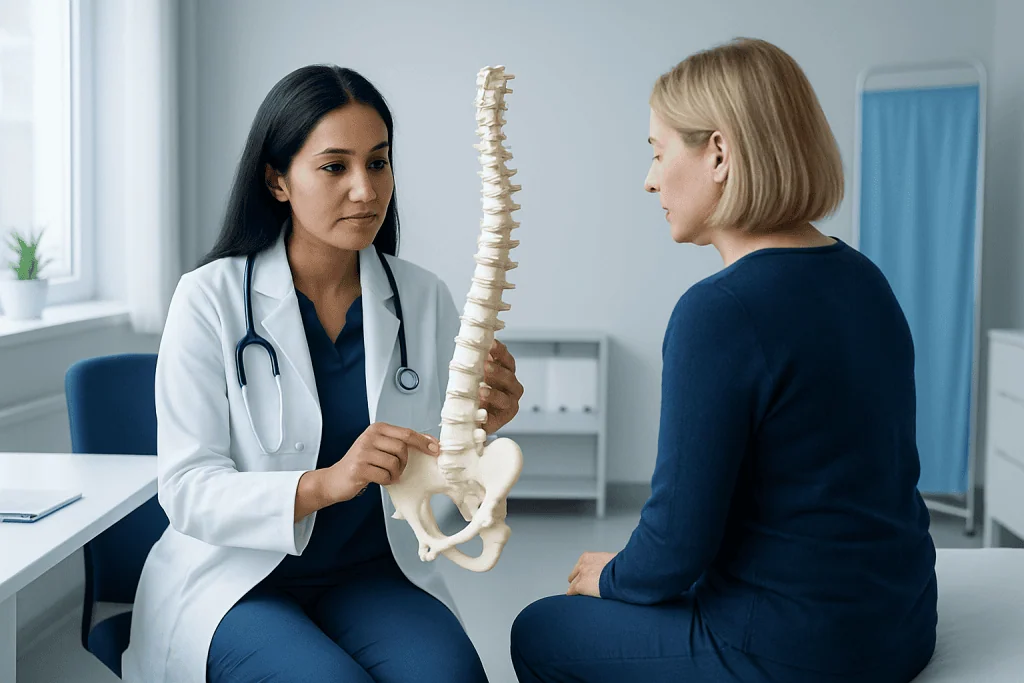 Doctor explaining spinal anatomy to patient in medical consultation.