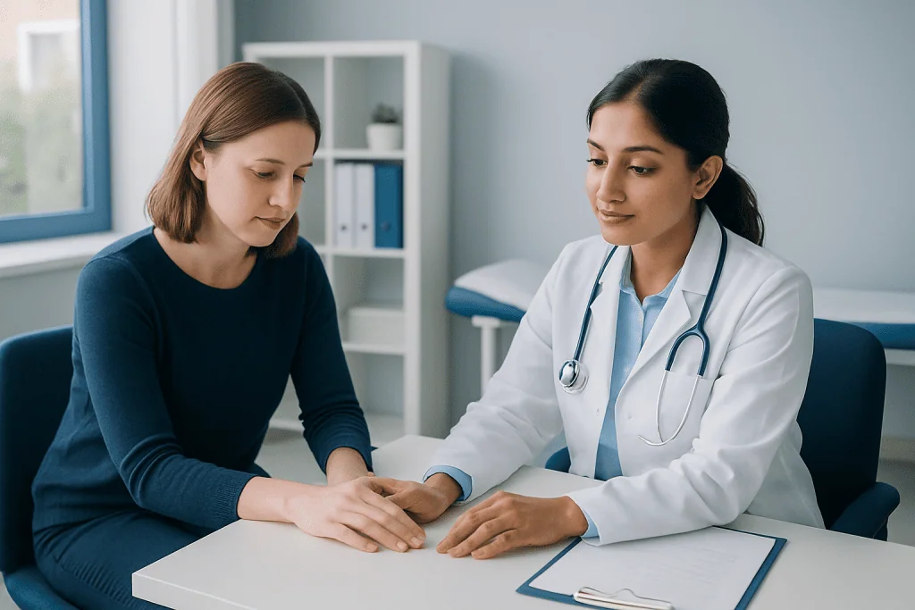 Doctor consulting with a patient about nail health in a clinical setting.