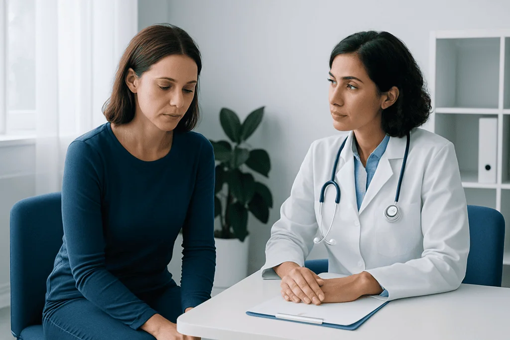 Doctor consulting with a woman patient in a medical office.