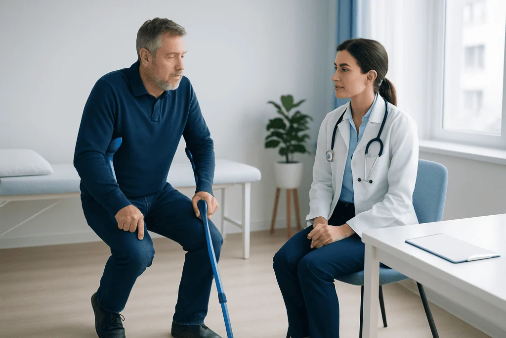 Doctor consulting with a patient using a cane in a medical office.