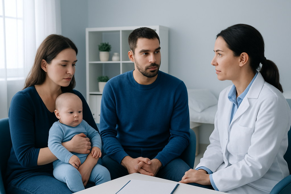 Pediatric consultation with parents and doctor in a clinic setting.