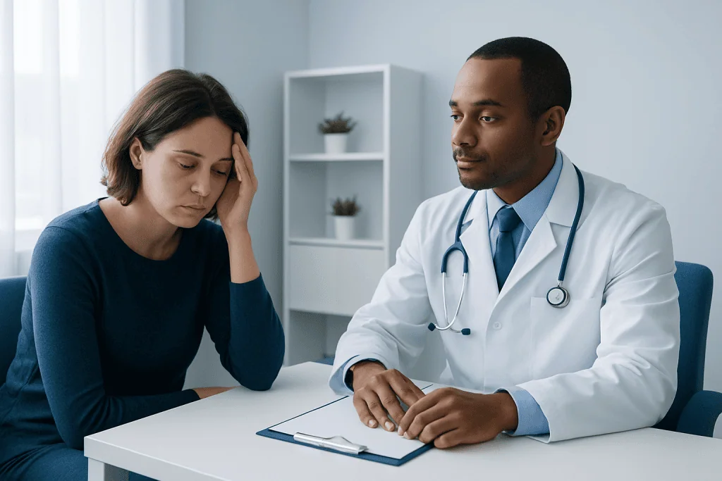 Doctor consulting with a patient about health concerns in a medical office.