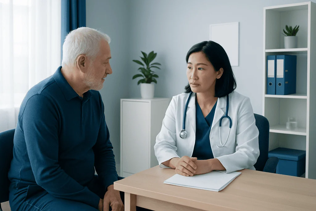 Doctor consulting with an elderly male patient in a modern clinic.