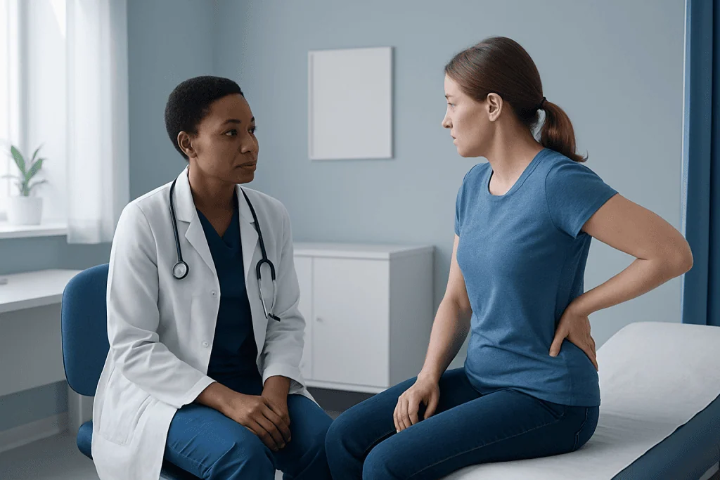 Doctor consulting patient about redness on the skin in a clinical setting.