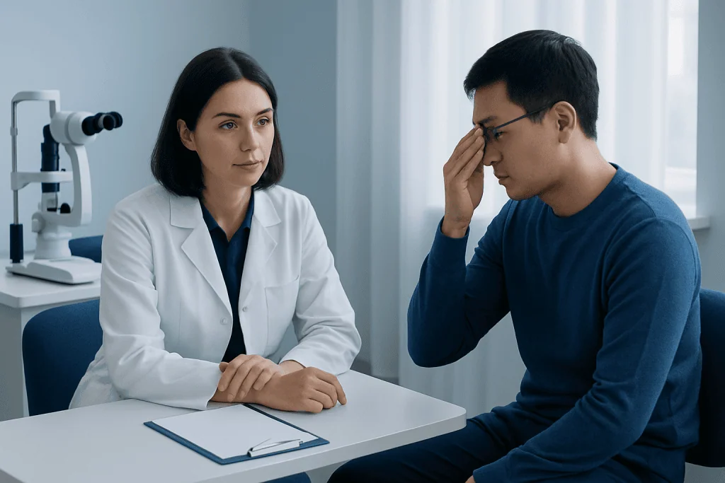 Patient consulting with an eye specialist about eye strain symptoms.
