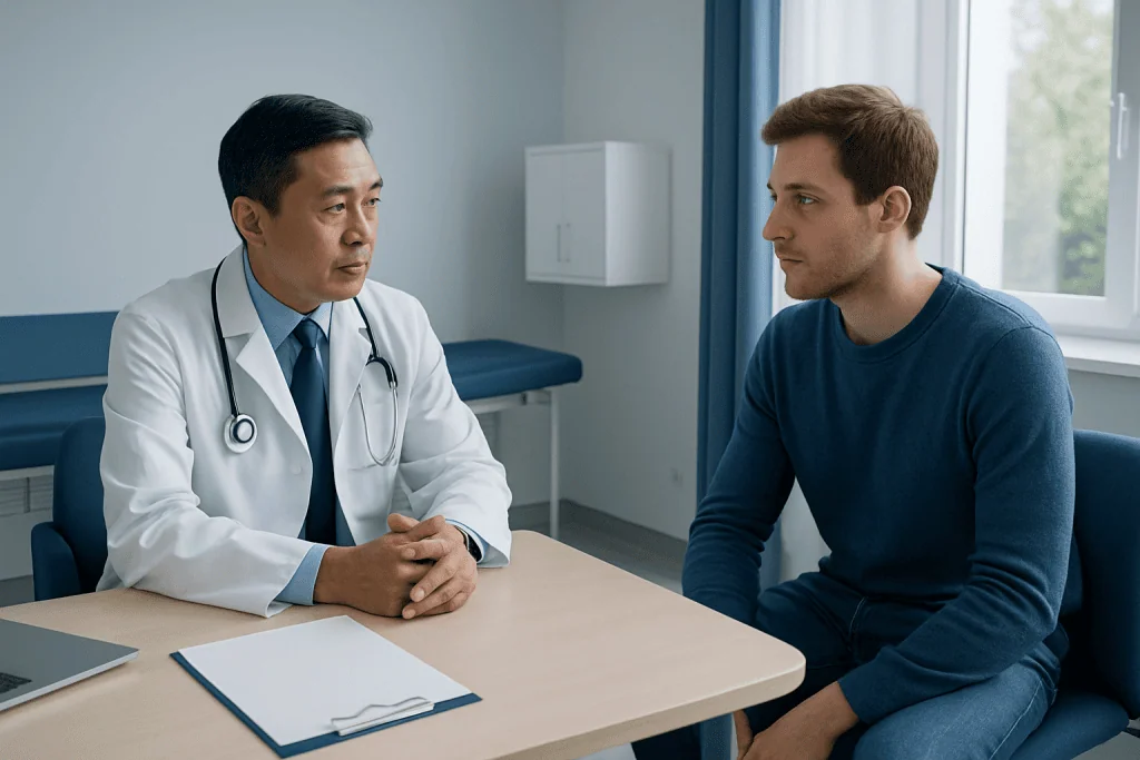 Doctor consulting with a young male patient in a hospital room.