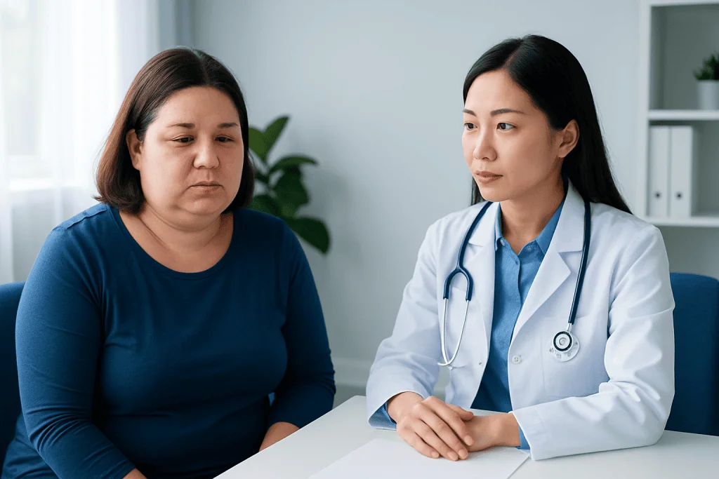 Doctor consulting with a patient about facial swelling or puffiness.