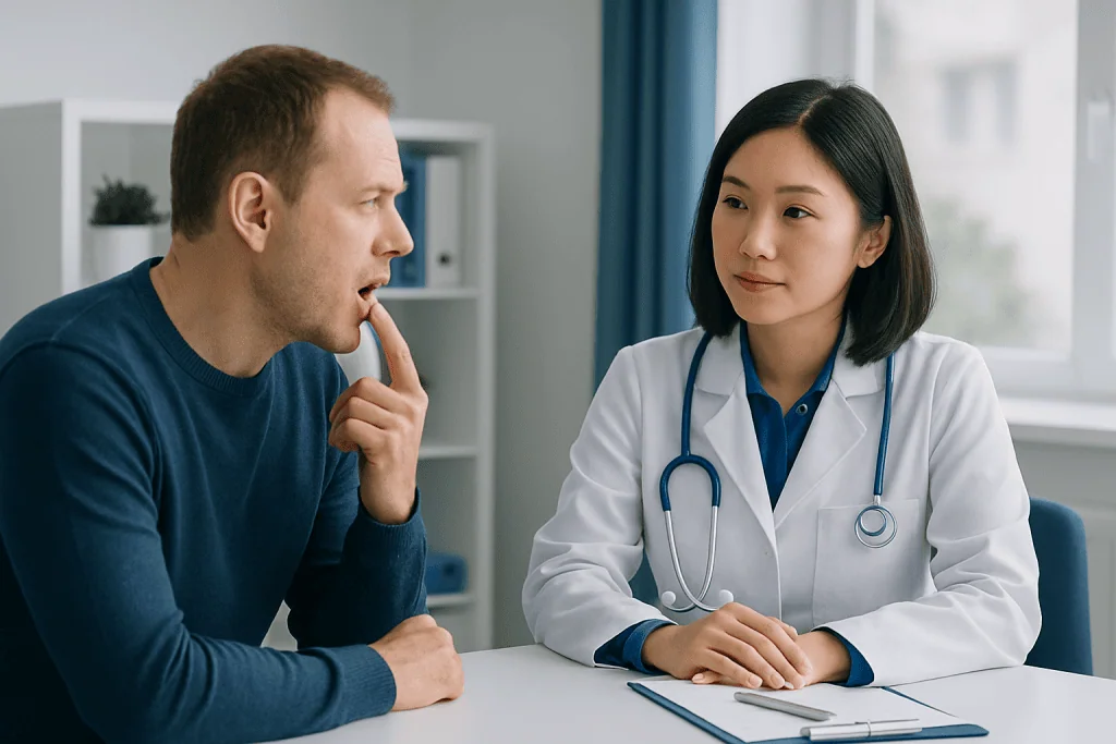 Doctor consulting with patient about mouth ulcer symptoms and treatment options.
