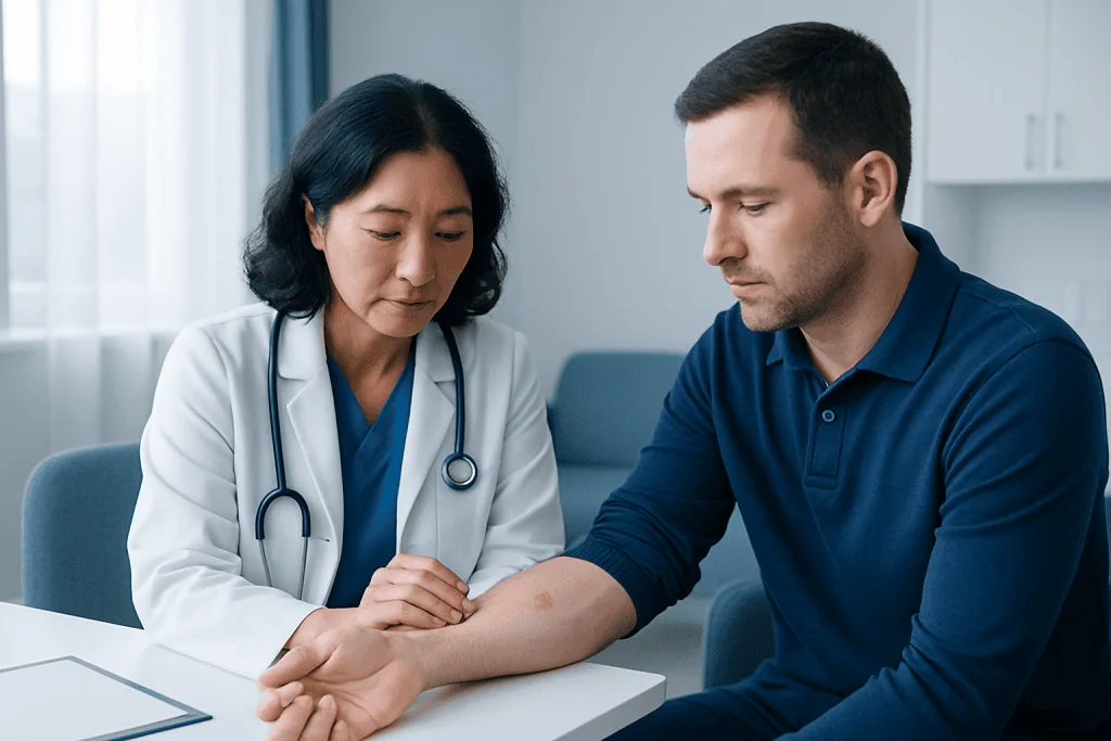 Doctor examining patient's arm in a medical consultation room.
