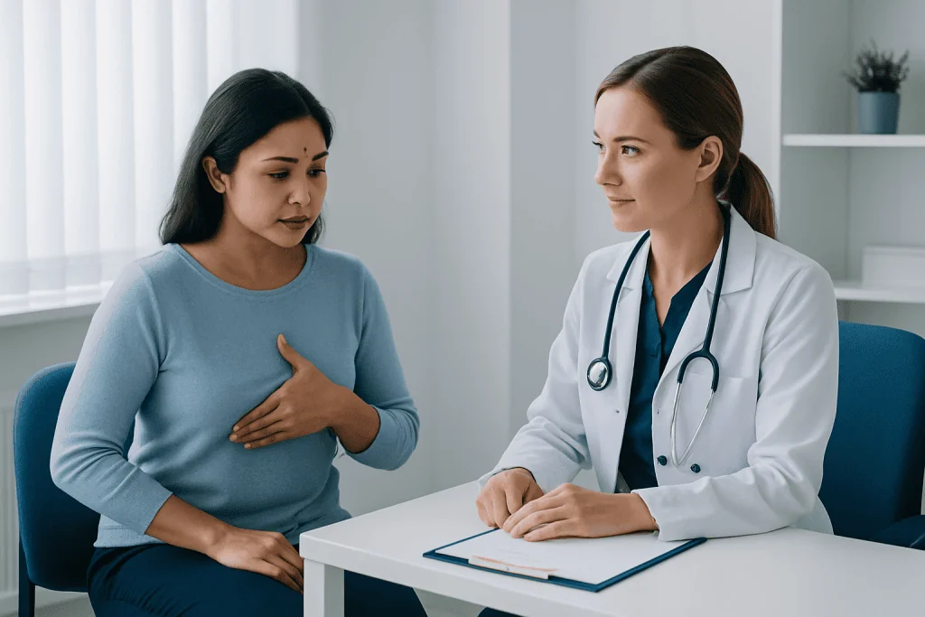 Doctor consulting with a patient about breast lump symptoms in a clinical setting.