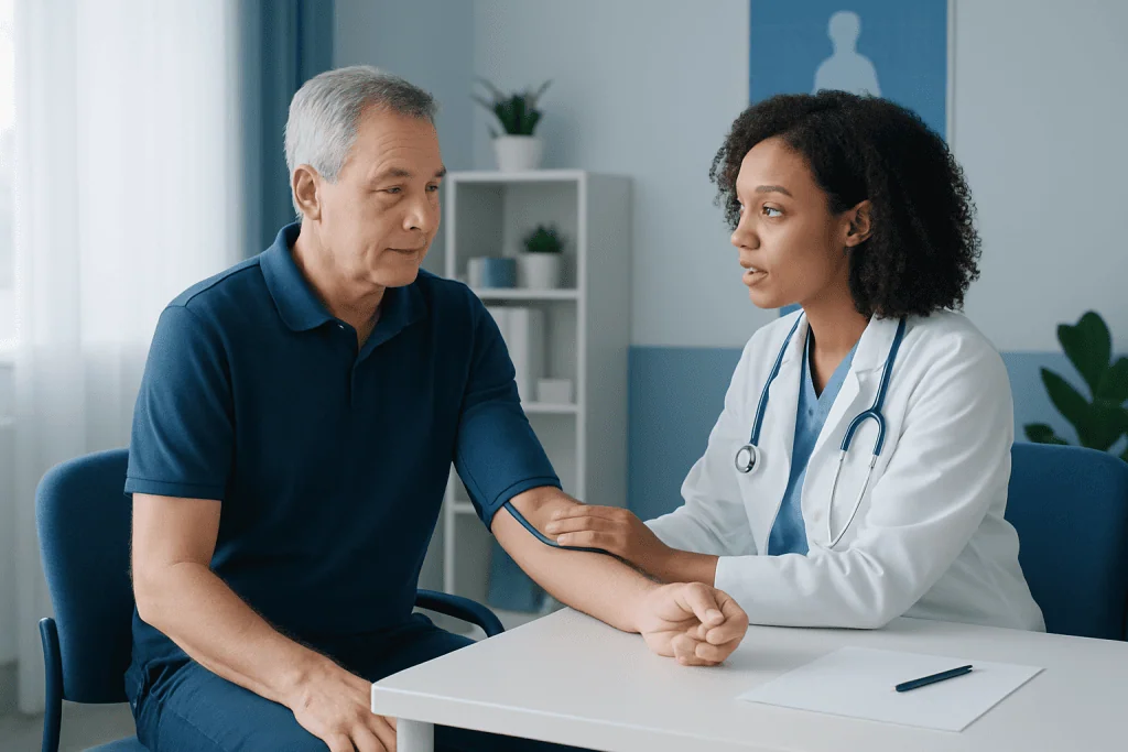 Doctor measuring blood pressure of an elderly male patient in a clinic.