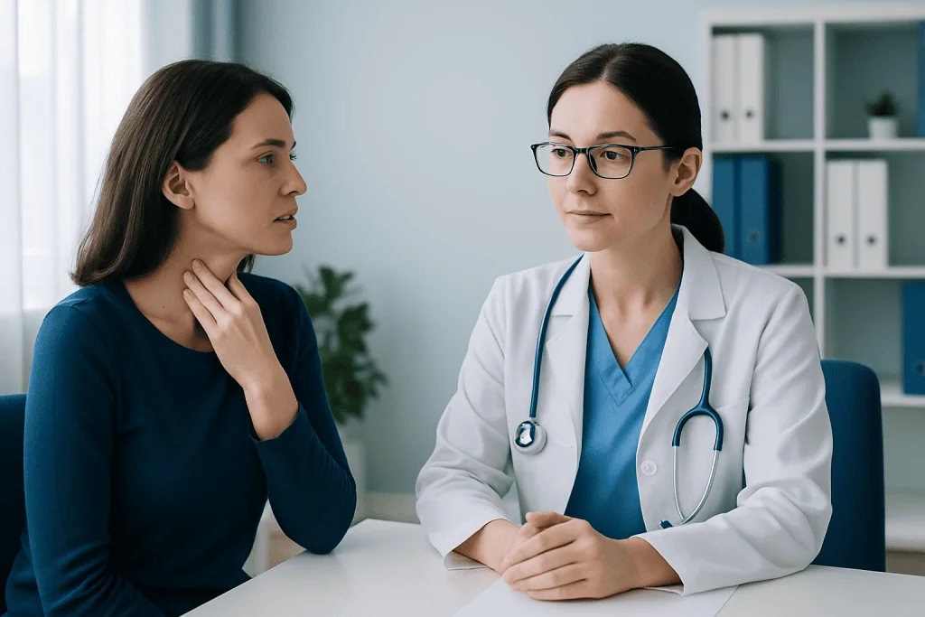 Doctor consulting with a patient about voice issues in a clinical setting.