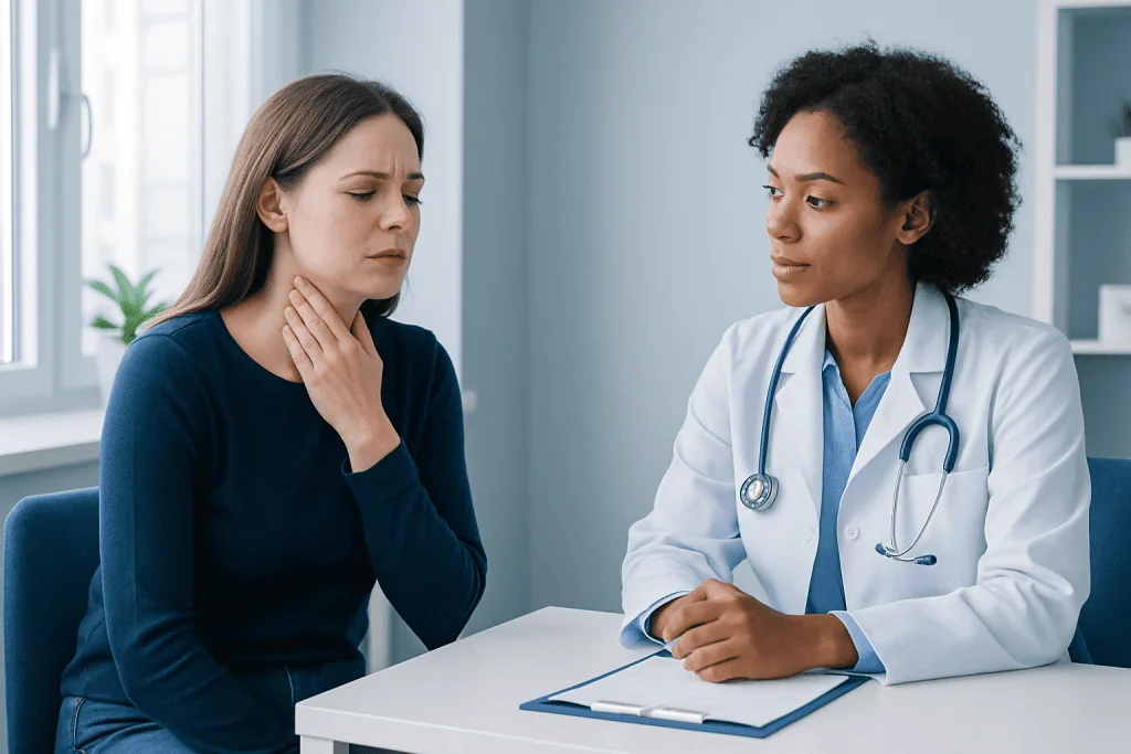 Patient consulting doctor about sore throat symptoms at Acibadem Hospital.