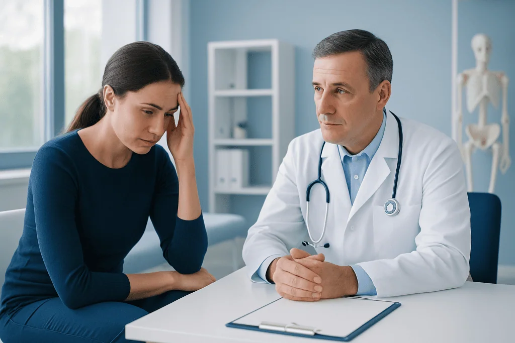 Doctor consulting with a worried woman in a medical office.
