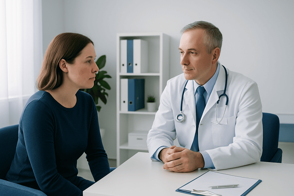 Doctor consulting with a female patient in a modern medical office.