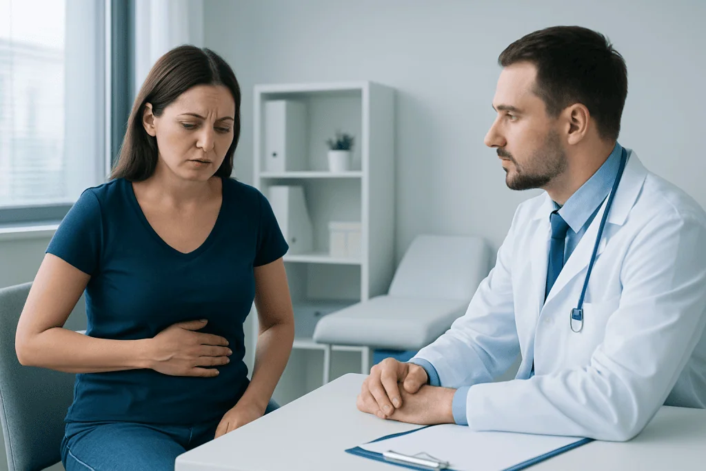 Woman experiencing stomach pain during medical consultation at Acibadem Hospital.