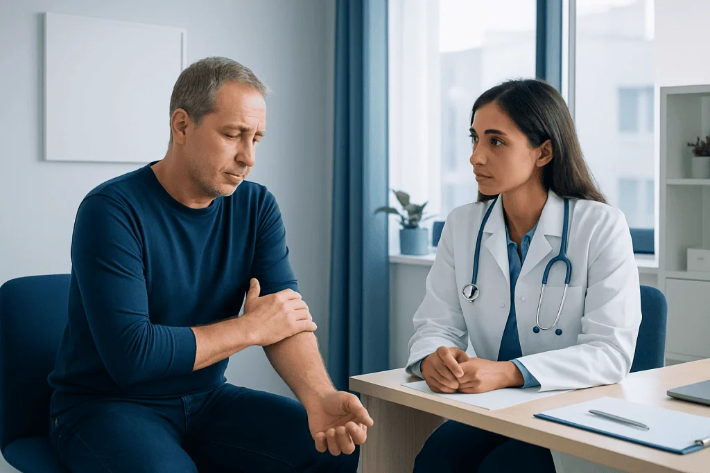 Doctor consulting with a patient about arm paresthesia in a medical office.