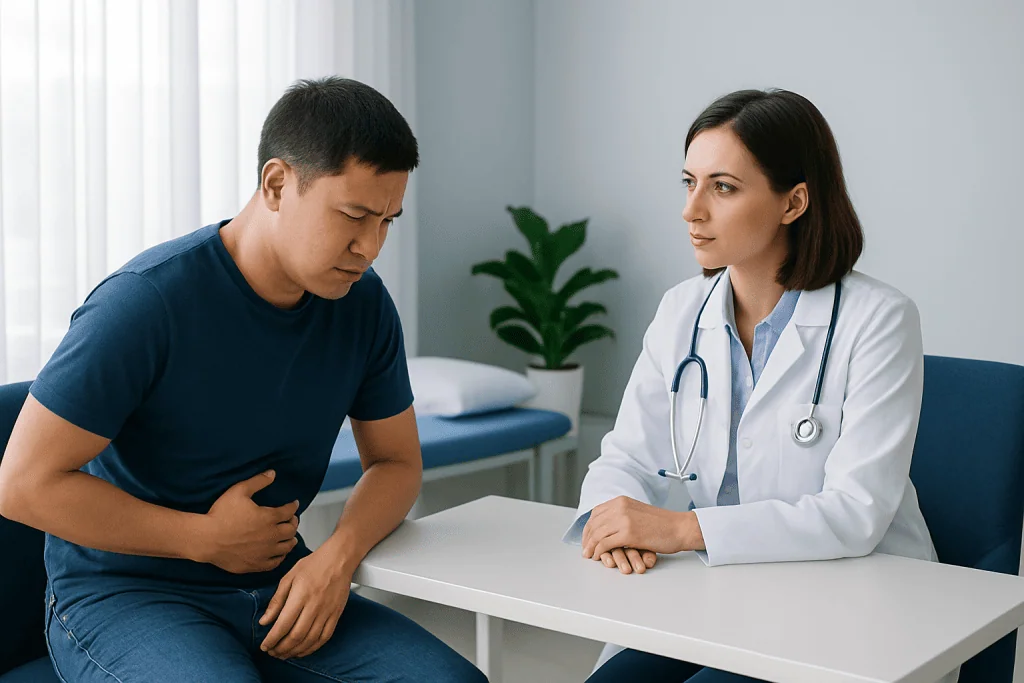 Doctor consulting with a patient experiencing stomach pain.