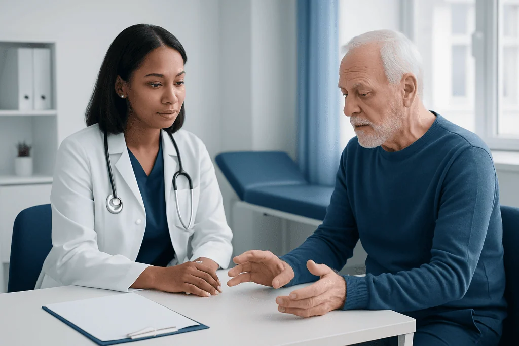 Doctor consulting with an elderly male patient in a medical office.