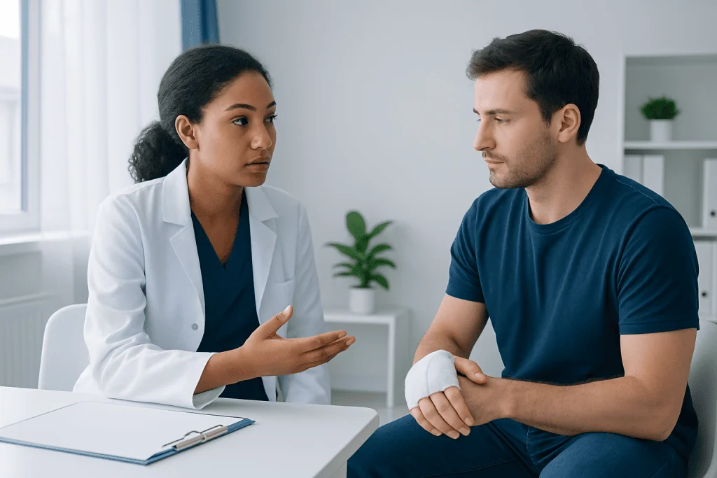 Doctor explaining hand injury to patient with wrist cast in clinic.