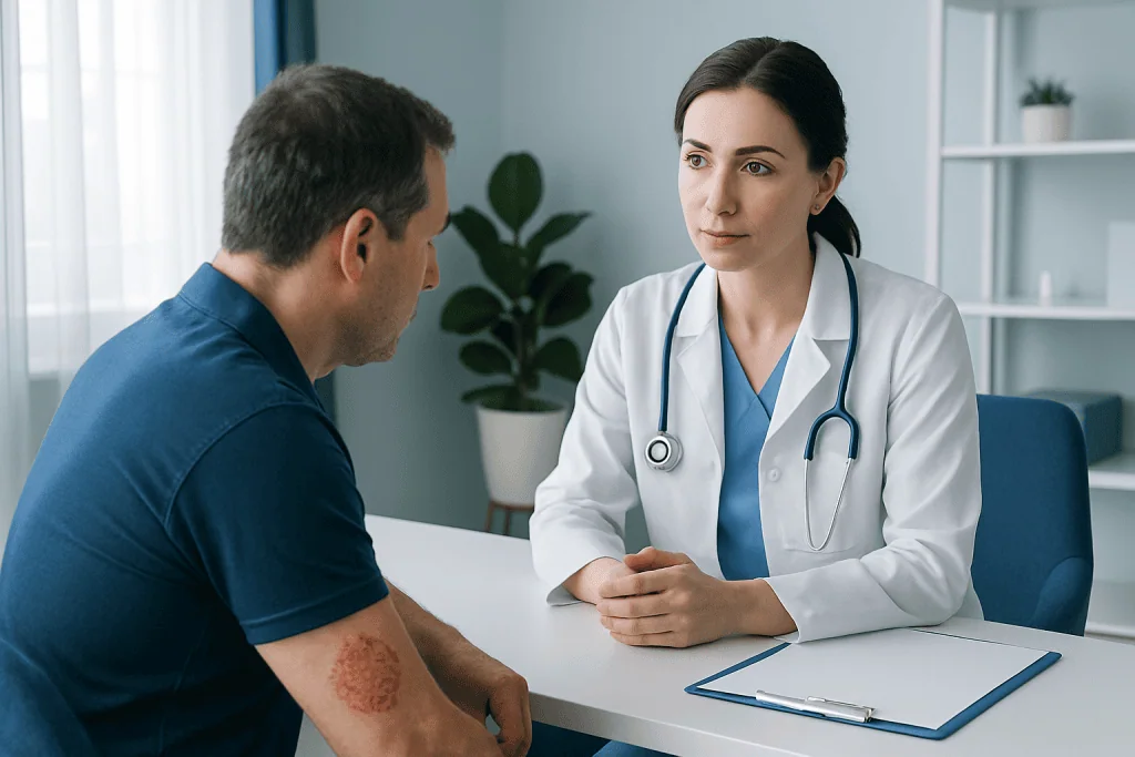 Doctor consulting patient with skin lesion in a medical office.