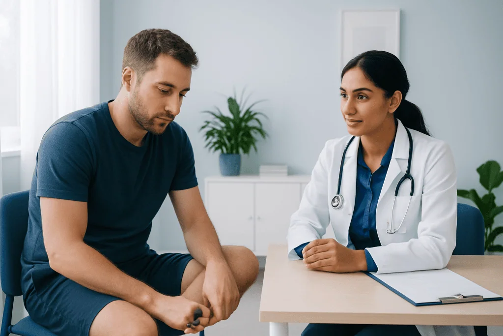 Doctor consulting with a patient about toenail health in a clinic setting.