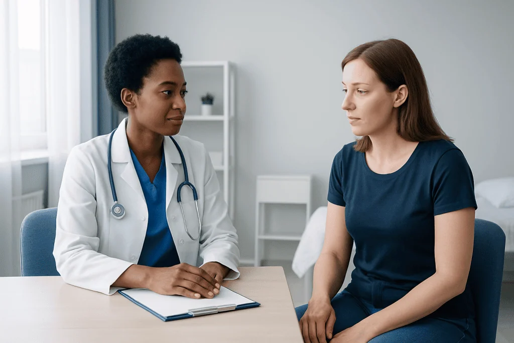 Doctor consulting with a patient in a medical office setting.